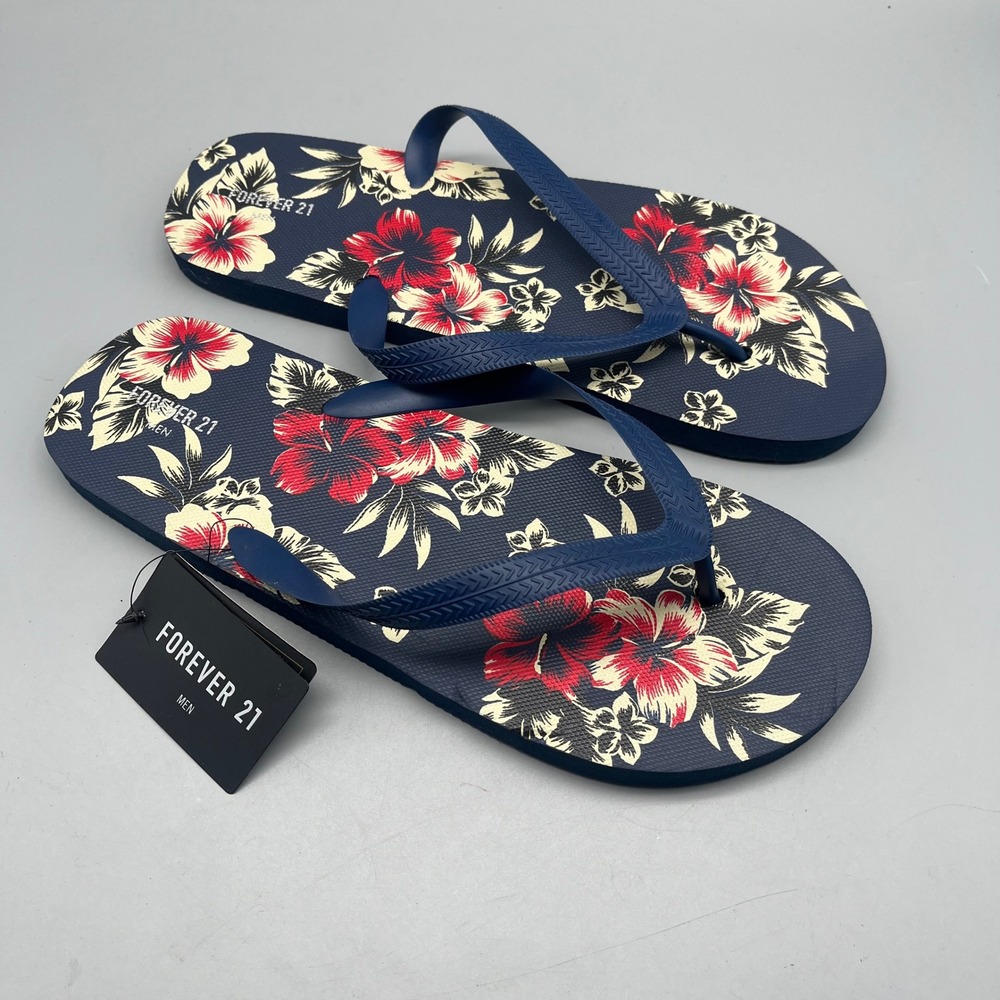 NWT Forever 21 Flip Flops Men's Large 45/46 Navy Blue Tropical Floral Hibiscus
